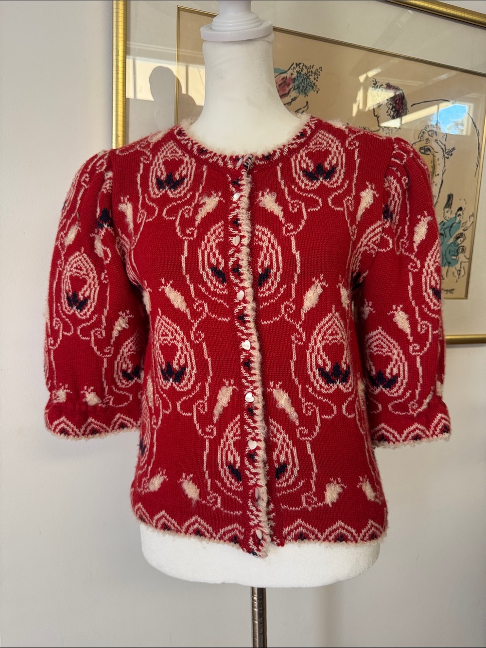 Cullinane hand-knit short puff sleeve cardigan red ivory damask heart buttons
